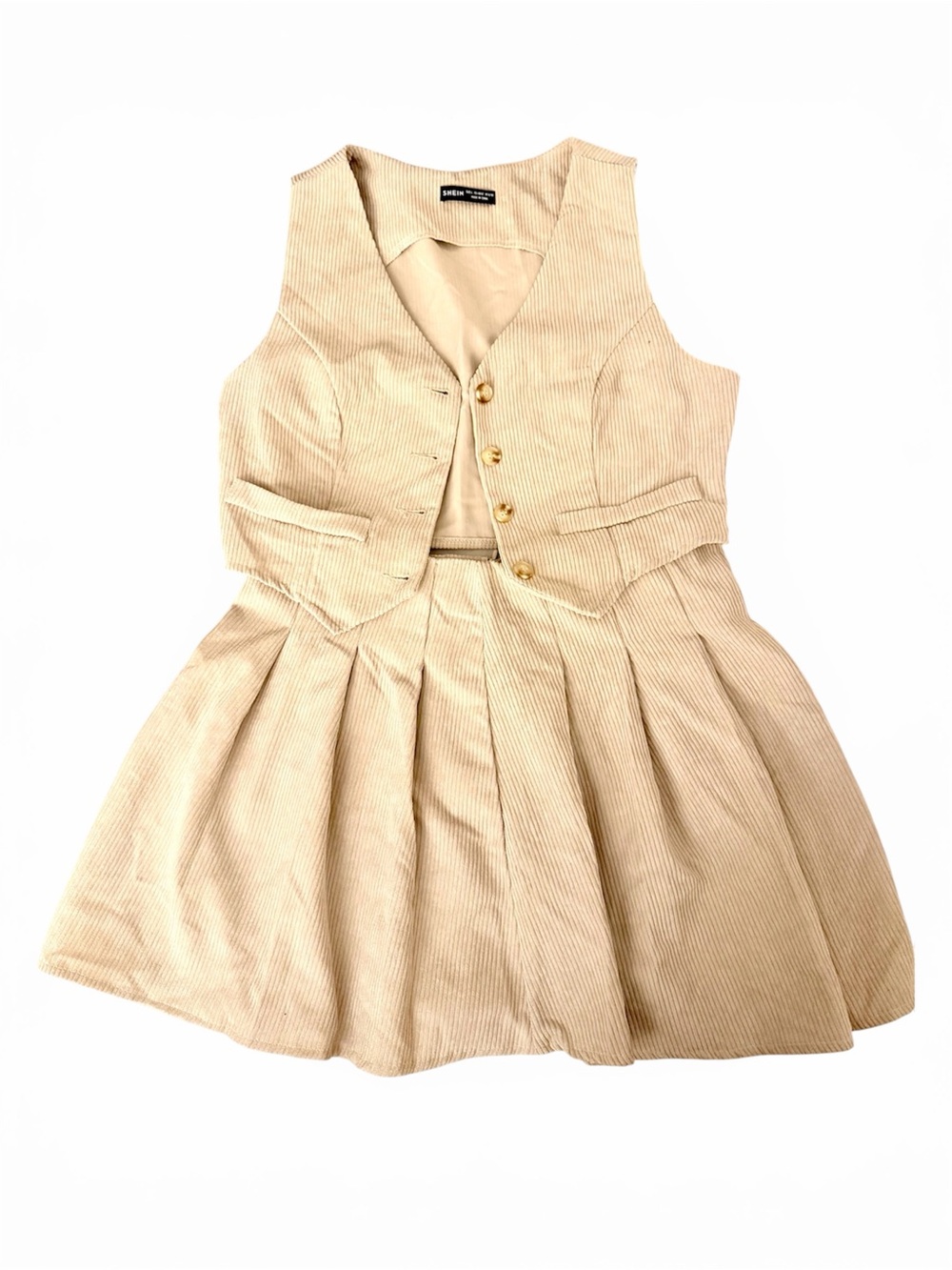 SHEIN Corduroy Cream Vest & Pleated Skirt Set